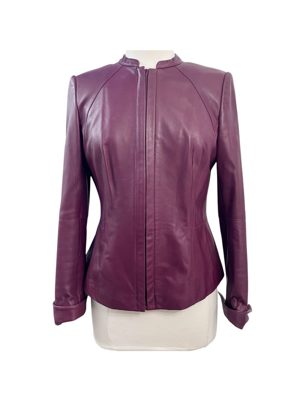 Lafayette 148 New York Burgundy Leather Jacket Women’s Size 8 Lined Zip Front